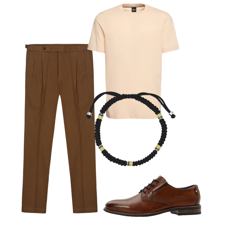 Outfit uomo - City chi ha una vita. Stile Casual per Tutti i giorni. Abbinamento con scarpe stringate, braccialetti, pantaloni, t-shirt.