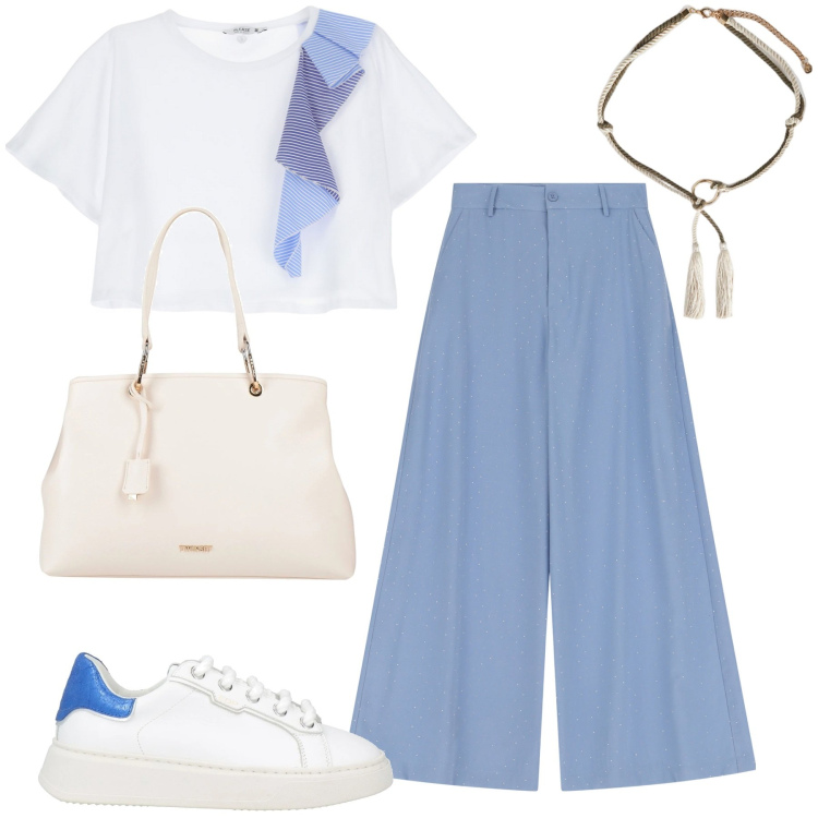 Outfit donna - Maggio. Stile Casual chic per Tutti i giorni. Abbinamento con sneakers, borse a mano, t-shirt, pantaloni, cinture.