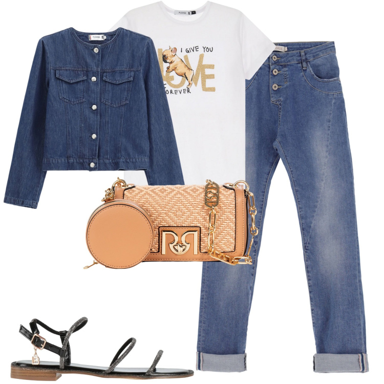 Outfit donna - City. Stile Casual chic per Tutti i giorni. Abbinamento con sandali, borse a tracolla, jeans slim fit, blazer, t-shirt.