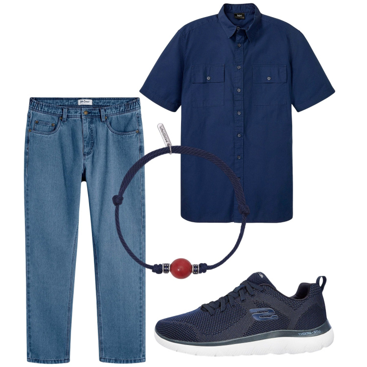 Outfit uomo - City chi ha una vita. Stile Casual per Tutti i giorni. Abbinamento con camicie a manica corta, sneakers, jeans dritti, braccialetti.