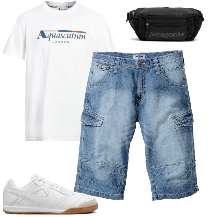 Outfit uomo - Maggio. Stile Casual per Tutti i giorni. Abbinamento con bermuda, t-shirt, sneakers, borse sportive.