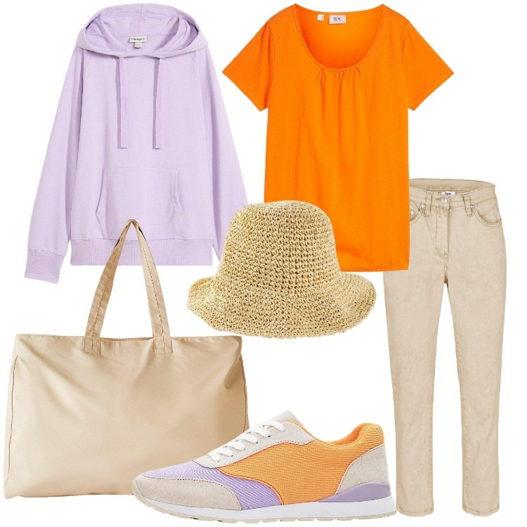 Outfit donna - In gita. Stile Casual per Tutti i giorni. Abbinamento con t-shirt, cappelli, pantaloni, felpe con cappuccio, sneakers, shopping bag.