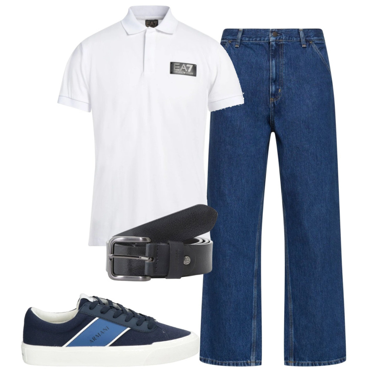 Outfit uomo - City. Stile Casual per Tutti i giorni. Abbinamento con sneakers, polo, cinture, jeans.