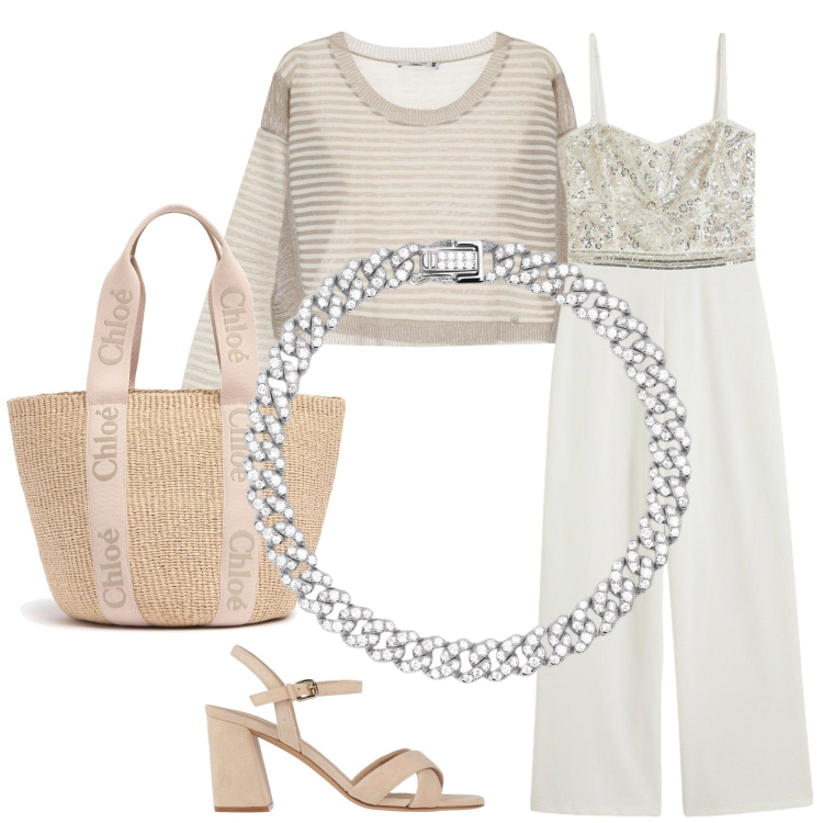 Outfit donna - Total look #2119461. Stile Chic per Serata fuori. Abbinamento con tute, sandali in pelle, braccialetti, maglieria, shopping bag.