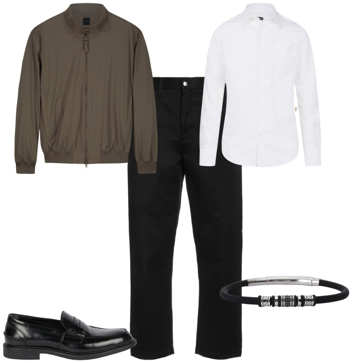 Outfit uomo - Trendy serata fuori ufficio. Stile Trendy Abbinamento con pantaloni chino, braccialetti, camicie, scarpe stringate, bomber.