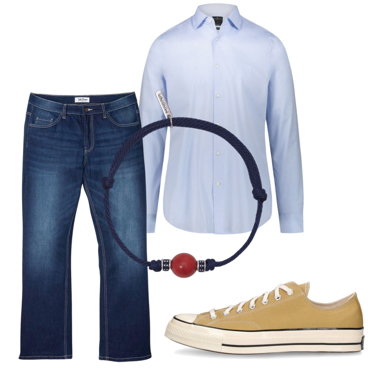 Outfit uomo - City. Stile Casual per Tutti i giorni. Abbinamento con jeans bootcut, braccialetti, camicie, sneakers.