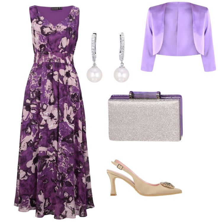 Outfit donna - Matrimonio ad agosto. per Cerimonia. Abbinamento con vestiti lunghi, décolleté, orecchini, bolero, pochette.