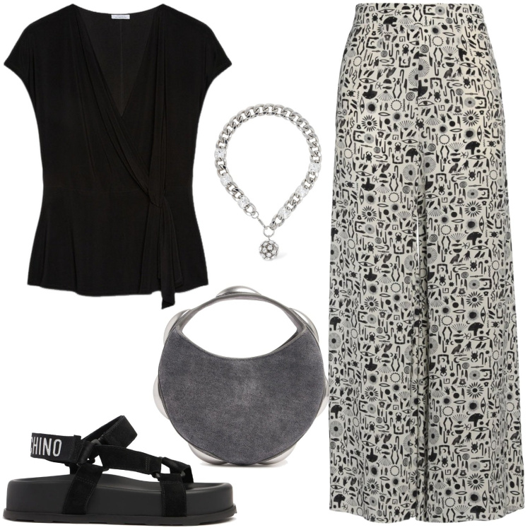 Outfit donna - Gli accessori giusti. Stile Casual chic per Tutti i giorni. Abbinamento con pantaloni, bluse, collane, borse a mano, sandali in pelle.
