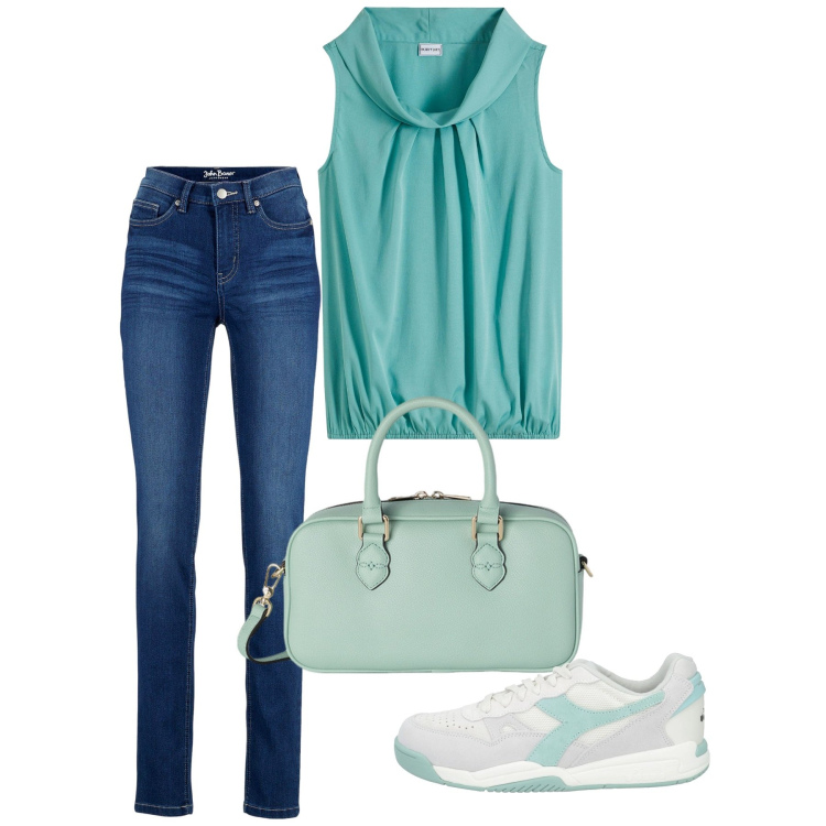 Outfit donna - Acqua di aprile. Stile Basic per Tutti i giorni. Abbinamento con jeans, top, sneakers, borse a mano.