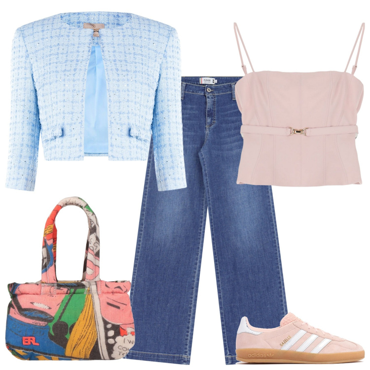 Outfit donna - Cropped. Stile Basic per Tutti i giorni. Abbinamento con borse a mano, bolero, jeans a zampa, top, sneakers.