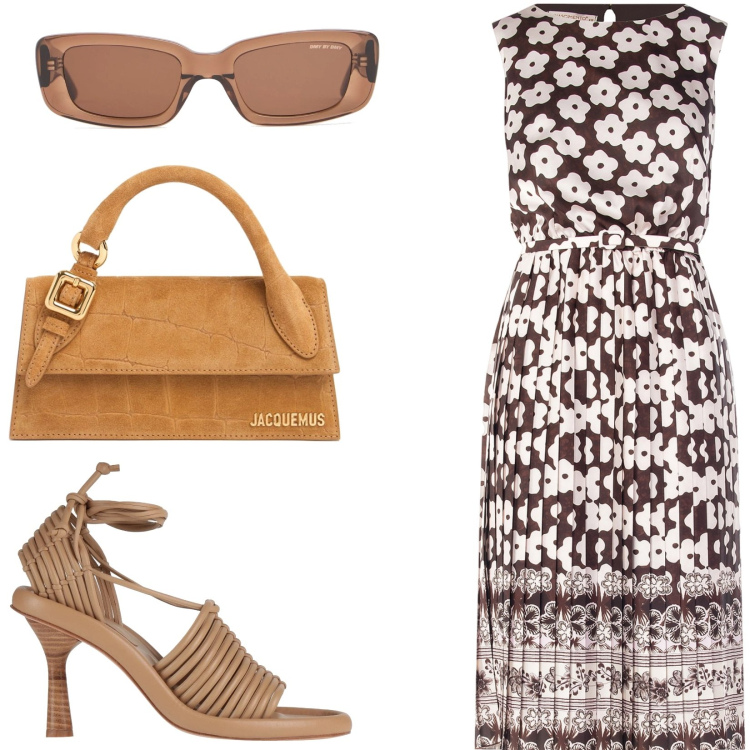 Outfit donna - Total look. Stile Chic per Cerimonia. Abbinamento con sandali in pelle, vestiti midi/longuette, occhiali da sole, borse a mano.