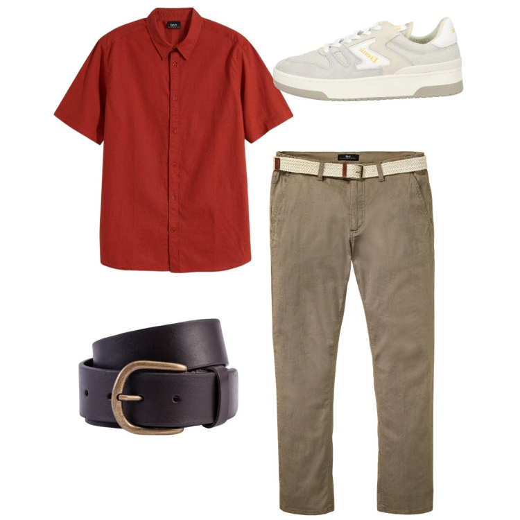 Outfit uomo - City. Stile Casual per Tutti i giorni. Abbinamento con pantaloni chino, camicie a manica corta, sneakers, cinture.