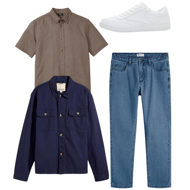 Outfit uomo - City. Stile Casual per Tutti i giorni. Abbinamento con camicie a manica corta, giacche, sneakers, jeans dritti.