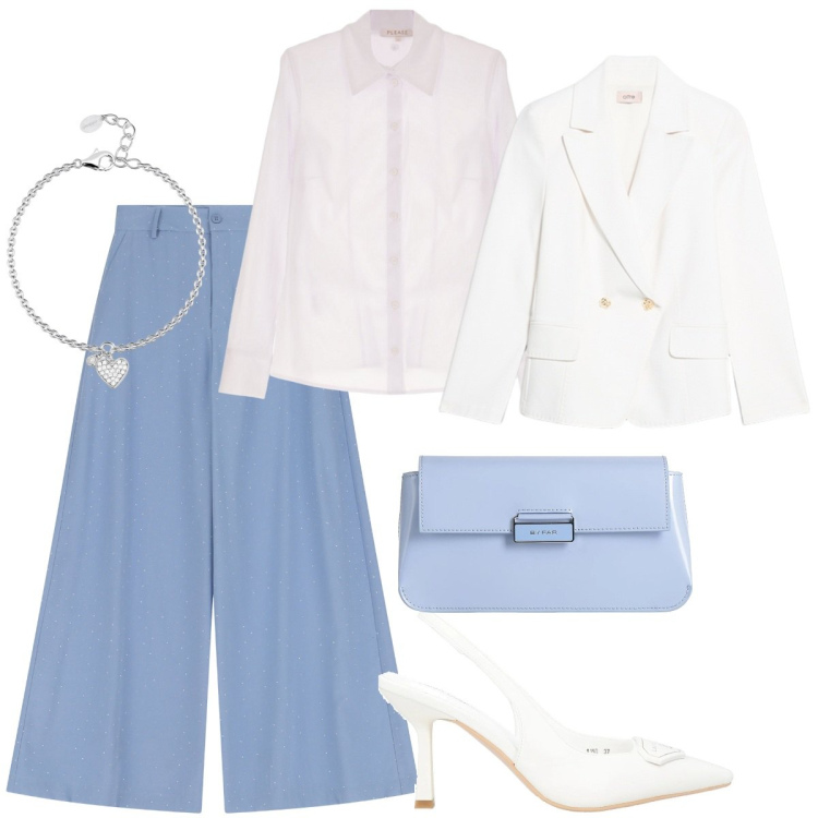 Outfit donna - Total look #2119543. Stile Chic per Cerimonia. Abbinamento con décolleté, borse a mano, camicie, pantaloni, braccialetti con ciondoli, blazer.