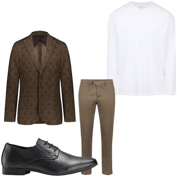 Outfit uomo - Serata speciale. Stile Business/Elegante per Serata speciale. Abbinamento con scarpe stringate, giacche, pantaloni chino, t-shirt.