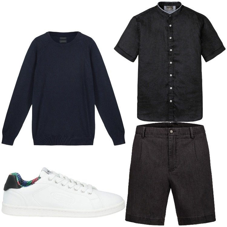 Outfit uomo - Black. Stile Casual per Tutti i giorni. Abbinamento con camicie a manica corta, sneakers, maglieria, bermuda.