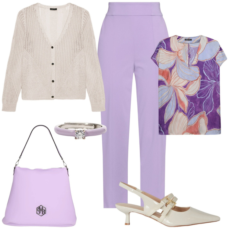 Outfit donna - Stasera esco. Stile Casual chic per Serata fuori. Abbinamento con borse a spalla, pantaloni, anelli, cardigans, bluse, décolleté.
