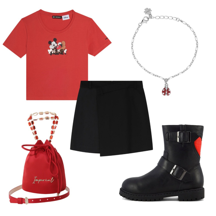 Outfit donna - T-shirt rossa. Stile Glamour per Tutti i giorni. Abbinamento con braccialetti con ciondoli, minigonne, borse a secchiello, t-shirt, stivaletti.