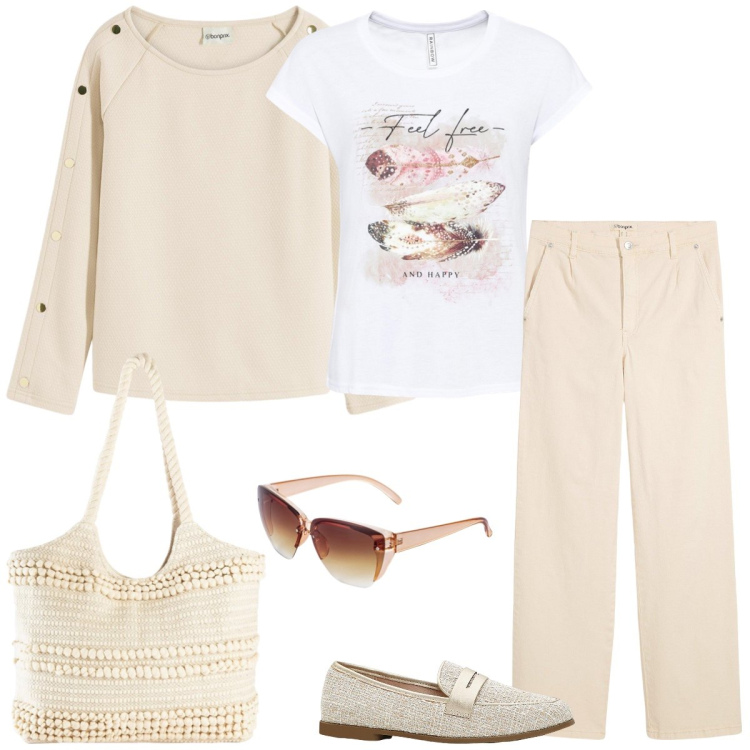 Outfit donna - I jeans chiari. Stile Casual per Tutti i giorni. Abbinamento con t-shirt, shopping bag, occhiali da sole, mocassini, jeans dritti, maglieria.