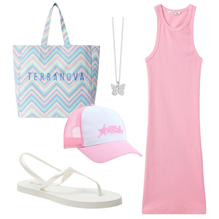 Outfit donna - Colazione in spiaggia. Stile Casual chic per Tutti i giorni. Abbinamento con cappelli, sandali, vestiti corti, borse tote, collane.