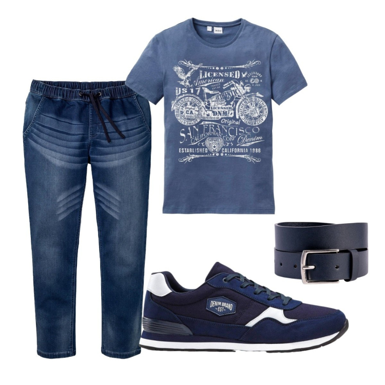 Outfit uomo - Total look #2119578. Stile Casual per Tutti i giorni. Abbinamento con sneakers, jeans slim fit, t-shirt, cinture.