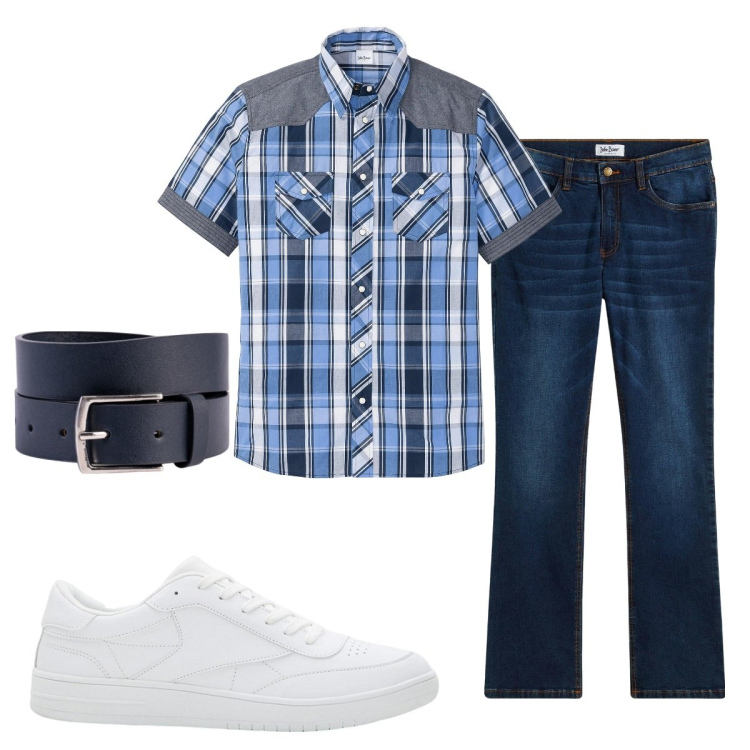 Outfit uomo - Total look #2119579. Stile Casual per Tutti i giorni. Abbinamento con camicie a manica corta, jeans bootcut, sneakers, cinture.
