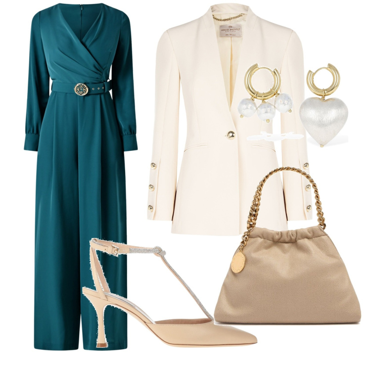 Outfit donna - La tuta elegante. Stile Casual chic per Cerimonia. Abbinamento con décolleté, tute, blazer, orecchini, borse a mano.