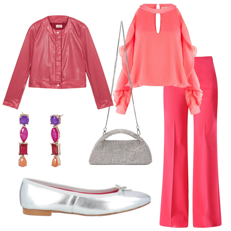 Outfit donna - Think pink. Stile Bon Ton per Serata fuori. Abbinamento con ballerine, pantaloni a palazzo, bluse, orecchini, giacche, clutch.