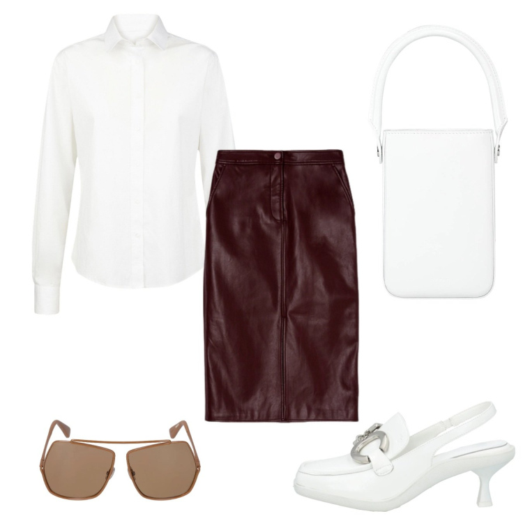Outfit donna - Longuette bordeaux. Stile Glamour per Ufficio. Abbinamento con décolleté, borse a mano, gonne longuette, occhiali da sole, camicie.