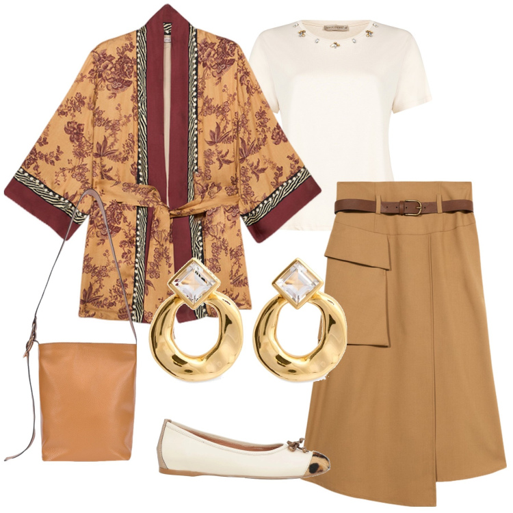 Outfit donna - Total look #2119587. Stile Etnico per Tutti i giorni. Abbinamento con ballerine, t-shirt, kimono, orecchini, gonne longuette, borse a secchiello.