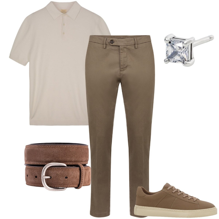 Outfit uomo - Tonalità di marrone. Stile Urban per Ufficio. Abbinamento con sneakers, orecchini, pantaloni chino, cinture, polo.