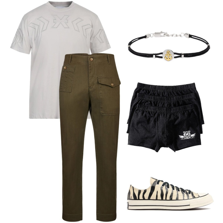 Outfit uomo - Le sneakers zebrate. Stile Urban per Tutti i giorni. Abbinamento con boxer, t-shirt, braccialetti, pantaloni, sneakers.