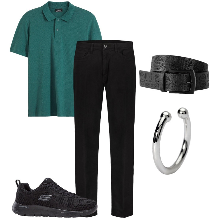 Outfit uomo - Basic di giorno. Stile Casual per Tutti i giorni. Abbinamento con cinture, sneakers, polo, orecchini, pantaloni.