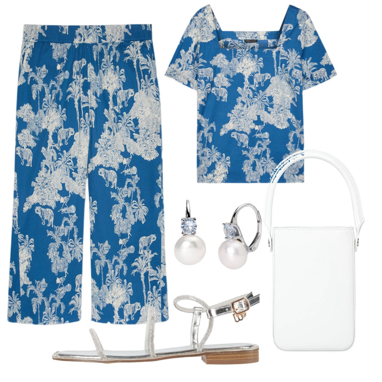 Outfit donna - Comoda giornata. Stile Casual per Tutti i giorni. Abbinamento con borse a mano, sandali, orecchini, bluse, pantaloni.