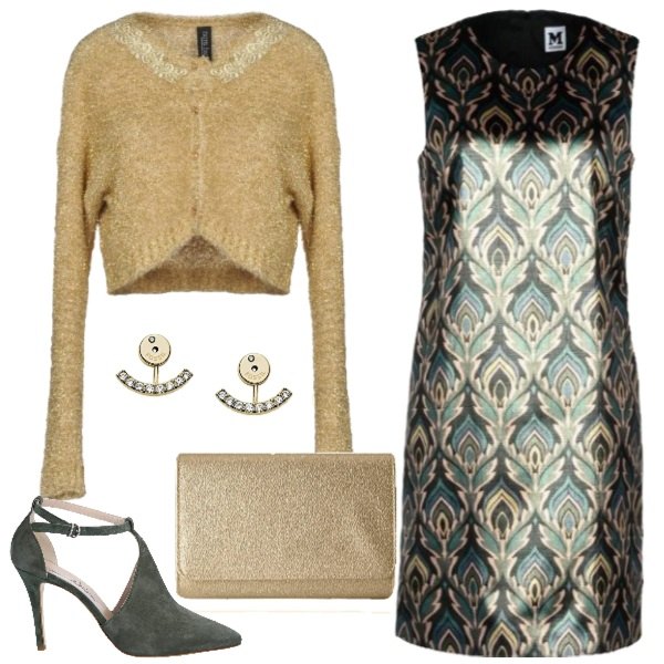 Outfit donna - #CHRISTMASISCOMING - 19 dicembre. Stile Chic per Serata fuori. Abbinamento con vestito corto a trapezio fantasia multicolore effetto laminato collo tondo con zip interno foderato, scaldacuore senza tasche contrasto lavorato a maglia collo tondo a maniche lunghe con bottoni, stivaletti, pochette.