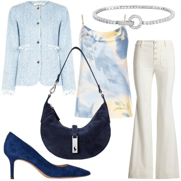 Outfit donna - Cerimonia con stile Bantoa. Stile Minimal per Cerimonia. Abbinamento con braccialetti, top, blazer, borse a spalla, décolleté, pantaloni.