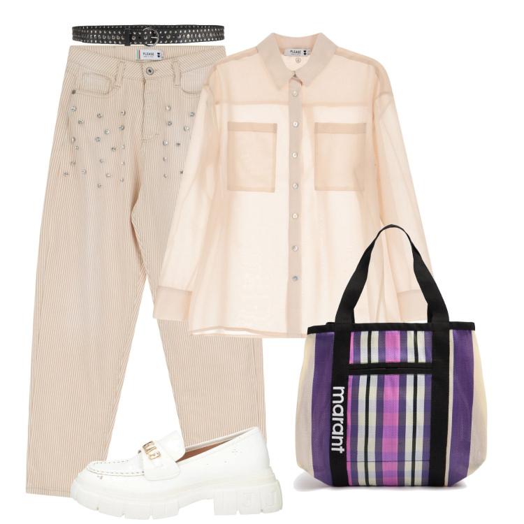 Outfit donna - Casual giorno. Stile Casual per Tutti i giorni. Abbinamento con mocassini, cinture, camicie, pantaloni, shopping bag.