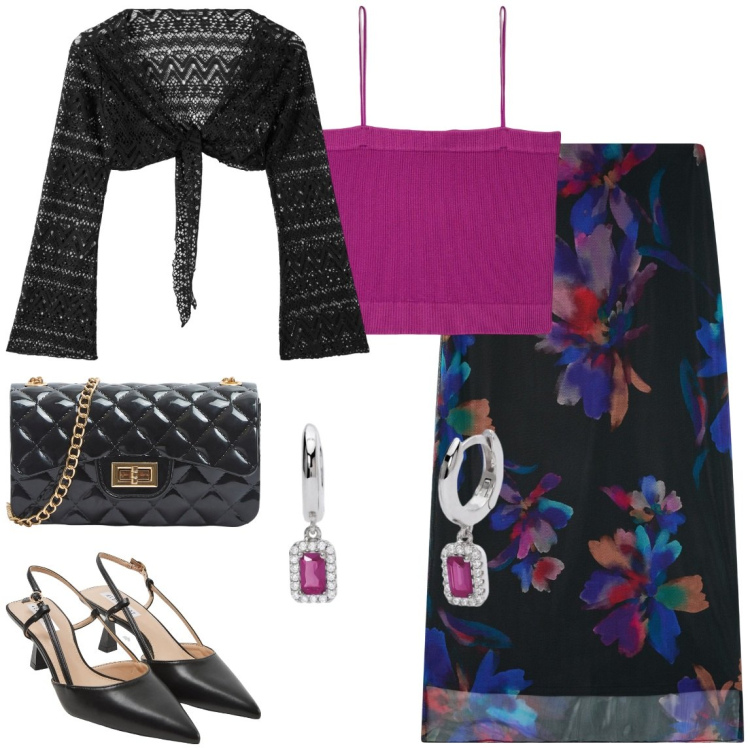 Outfit donna - Leggera. Stile Chic per Cerimonia. Abbinamento con gonne lunghe, sabot, borse a tracolla, canottiere, bolero, orecchini.