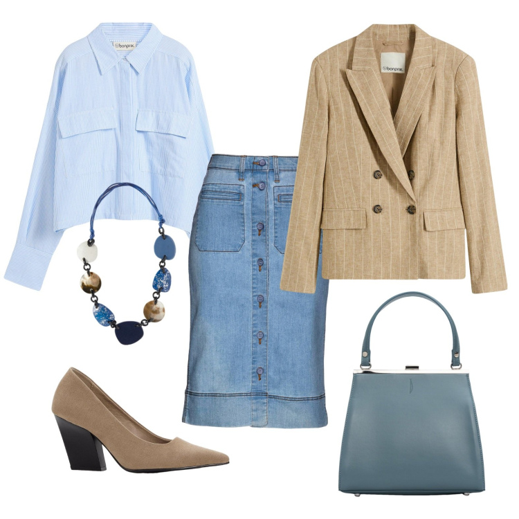 Outfit donna - Total look #2119664. Stile Casual chic per Ufficio. Abbinamento con gonne, blazer, décolleté, camicie, clutch, collane.
