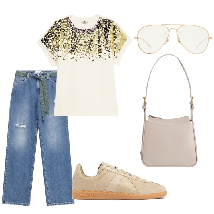 Outfit donna - Colori di Aprile. Stile Casual per Tutti i giorni. Abbinamento con borse a mano, jeans strappati, occhiali da sole, sneakers, t-shirt.