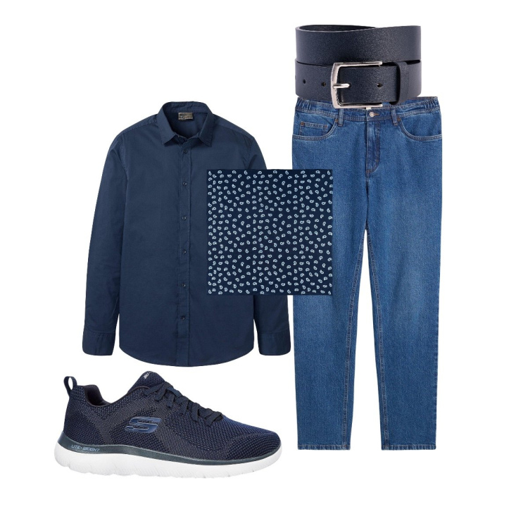 Outfit uomo - Total look #2119677. Stile Trendy per Tutti i giorni. Abbinamento con sneakers, camicie, jeans dritti, cinture, sciarpe e foulard.
