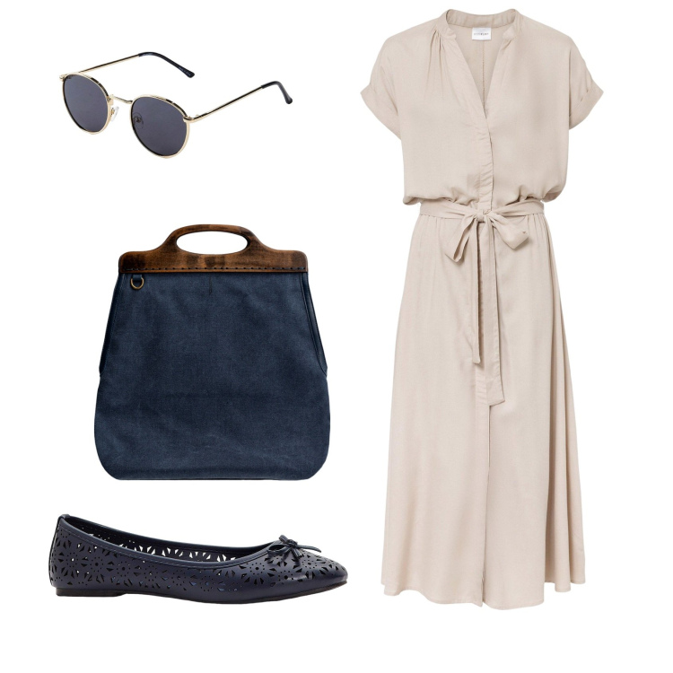 Outfit donna - Total look #2119683. Stile Casual per Ufficio. Abbinamento con vestiti chemisier, ballerine, occhiali da sole, borse a tracolla.