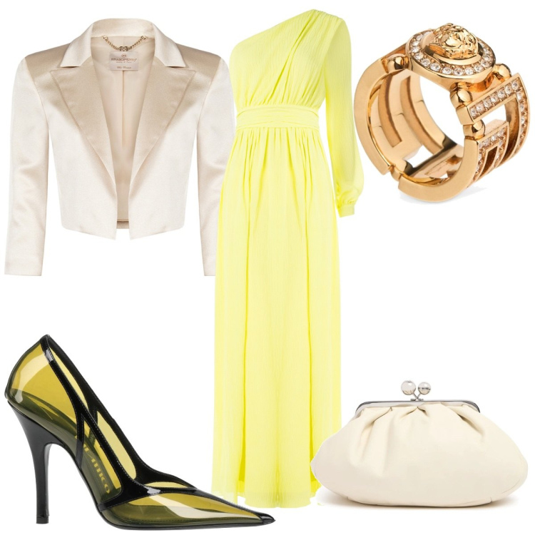 Outfit donna - Total look #2119684. Stile Trendy per Cerimonia. Abbinamento con décolleté, bolero, vestiti lunghi, anelli, pochette.