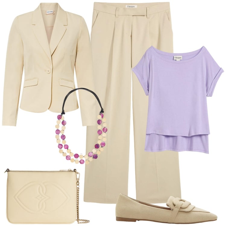 Outfit donna - Al lavoro. Stile Casual chic per Ufficio. Abbinamento con pantaloni, mocassini, blazer, t-shirt, collane, pochette.