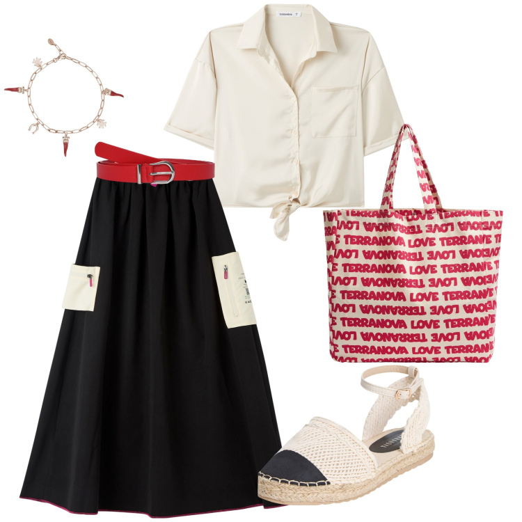 Outfit donna - Vacanze romane. Stile Vintage retrò per Mare. look ideale per Tall. Abbinamento con camicie a manica corta, cinture, gonne lunghe, borse tote, espadrillas, braccialetti.