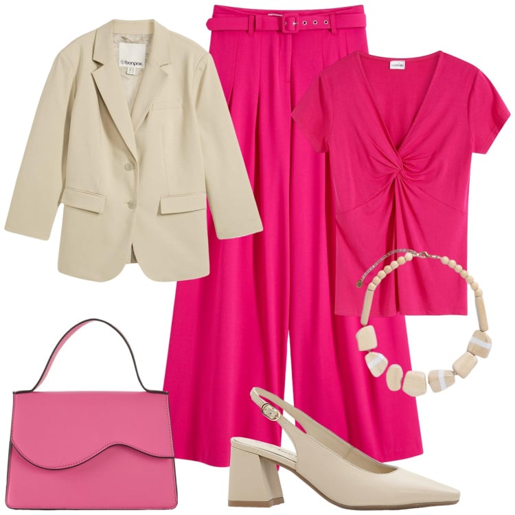 Outfit donna - Colorata in ufficio. Stile Trendy per Ufficio. Abbinamento con pantaloni, blazer, décolleté, maglieria, borse a tracolla, collane.