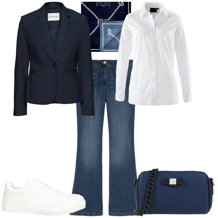 Outfit donna - A passeggio sul lungomare. Stile Trendy per Ufficio. Abbinamento con blazer, camicie, borse a tracolla, sneakers, foulard, jeans.