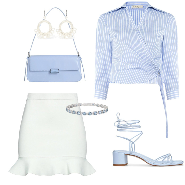 Outfit donna - Bianco e celeste. Stile Bon Ton per Tutti i giorni. Abbinamento con minigonne, borse a spalla, braccialetti, camicie, orecchini, sandali in pelle.