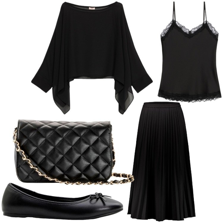 Outfit donna - Nero bon ton. Stile Bon Ton per Serata fuori. Abbinamento con ballerine, borse a tracolla, gonne lunghe, bolero, top.
