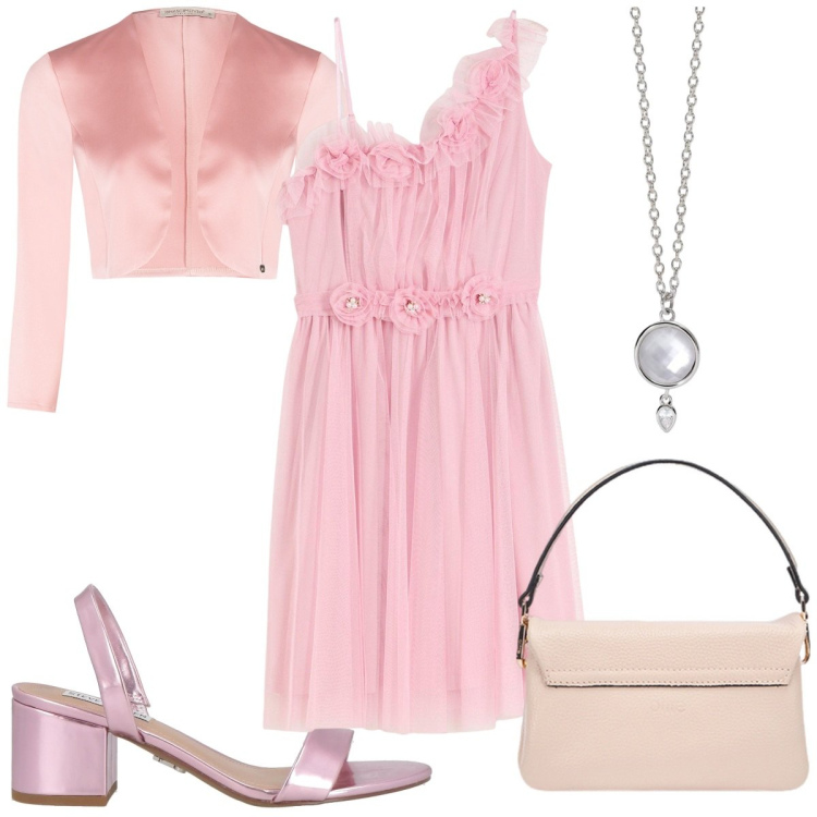 Outfit donna - Total look #2119725. Stile Romantica per Cerimonia. Abbinamento con vestiti asimmetrici, sandali col tacco, collane, bolero, borse a tracolla.